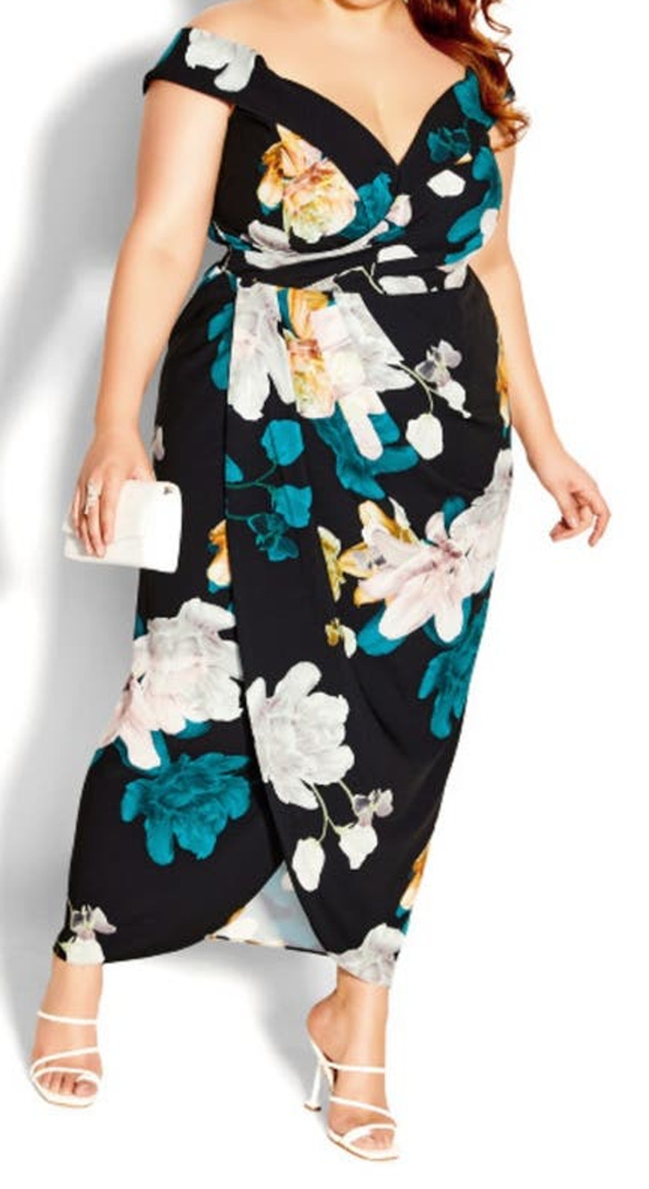 City Chic Floral Glow Maxi Off the Shoulder Faux Wrap dress size S 16